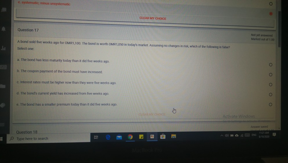 e, systematic; minus unsystematic CLEAR MY CHOICE Question 17 Not yet