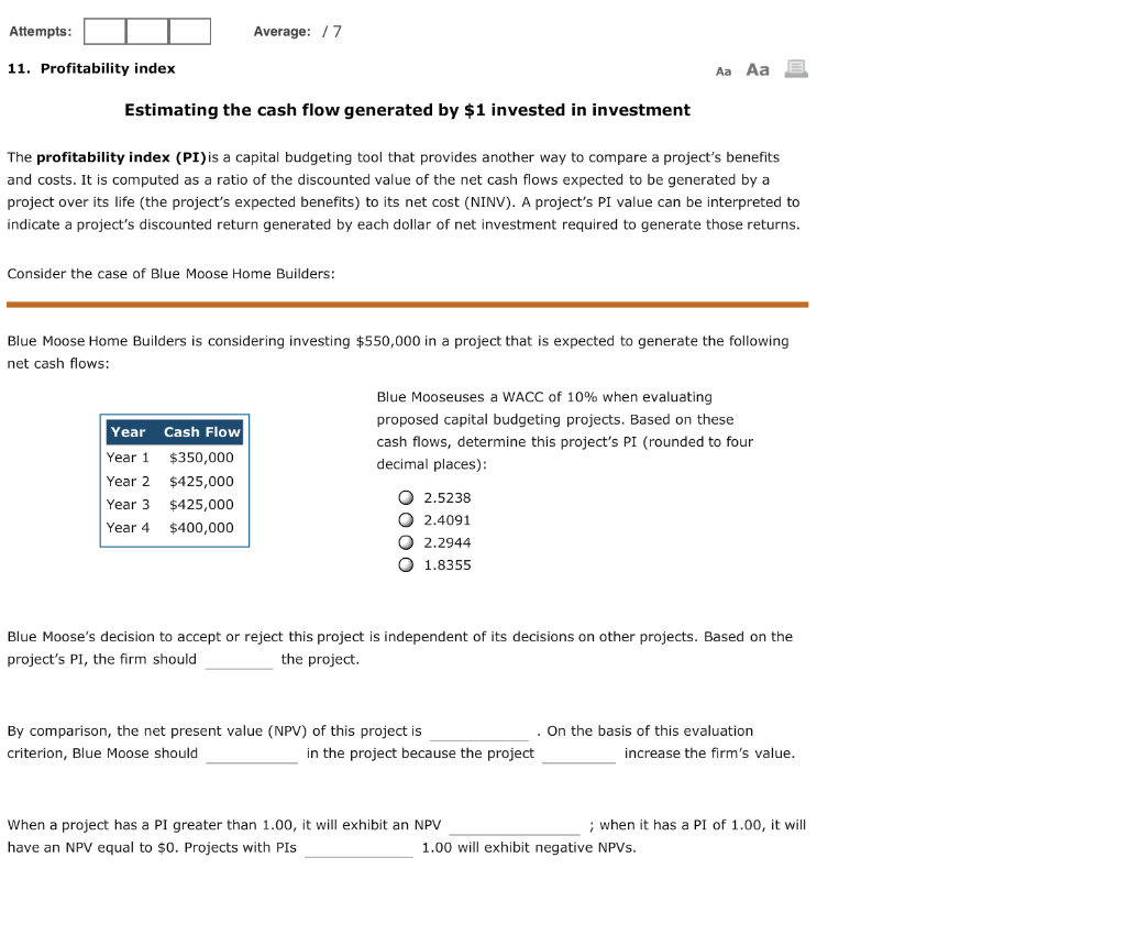  Attempts: Average: 77 11. Profitability index Aa Aa E Estimating the
