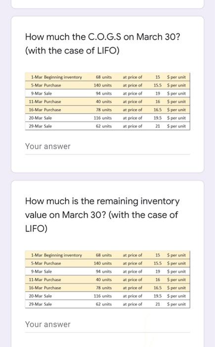  How much the C.O.G.S on March 30? (with the case of
