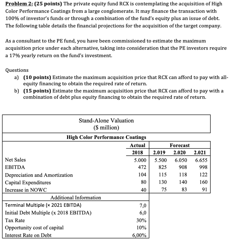 Problem 2: (25 points) The private equity fund RCX is contemplating