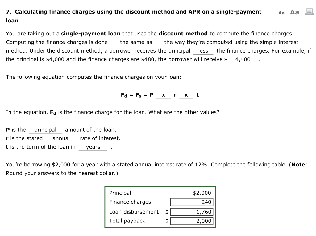  Aa Aa E 7. Calculating finance charges using the discount method