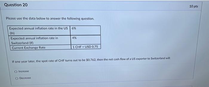  Question 20 Please use the data below to answer the following