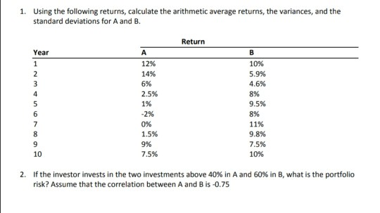  1. Using the following returns, calculate the arithmetic average returns, the