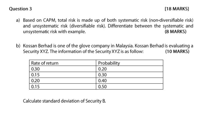  introduction to finance Question 3 [18 MARKS] a) Based on CAPM,