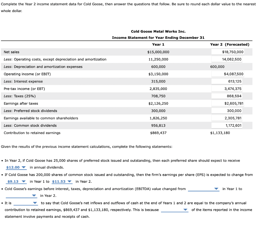  Complete the Year 2 income statement data for Cold Goose, then