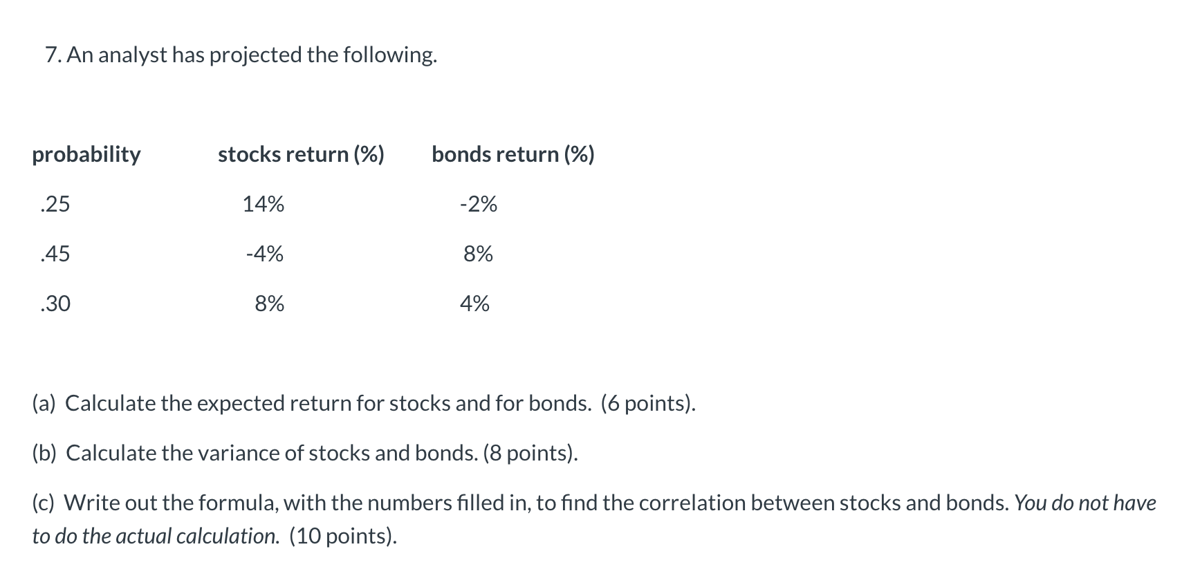  7. An analyst has projected the following. probability stocks return (%)