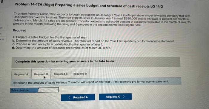 a sales budget and schedule of cash receipts LO 14-2 Thornton Pointers