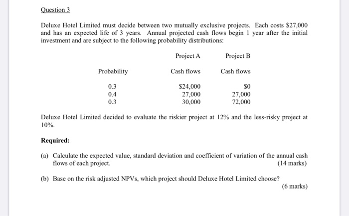 Question 3 Deluxe Hotel Limited must decide between two mutually exclusive