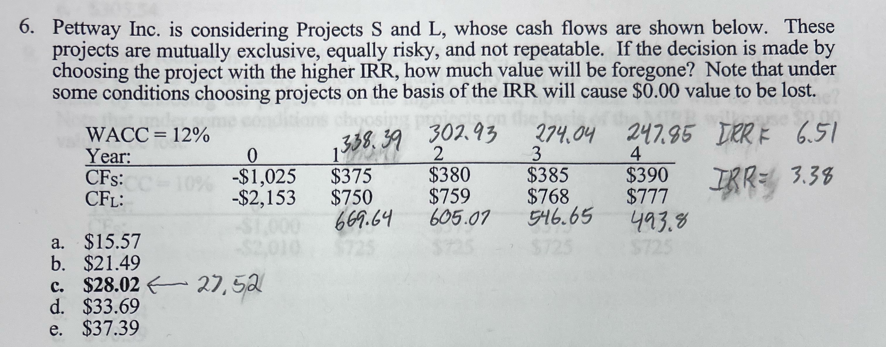  Pettway Inc. is considering Projects S and L, whose cash flows