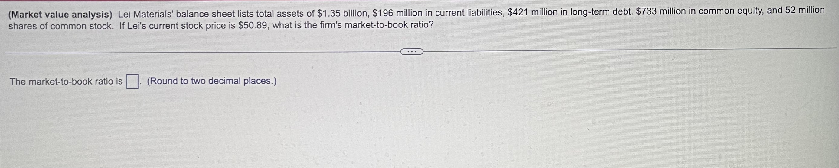  (Market value analysis) Lei Materials' balance sheet lists total assets of
