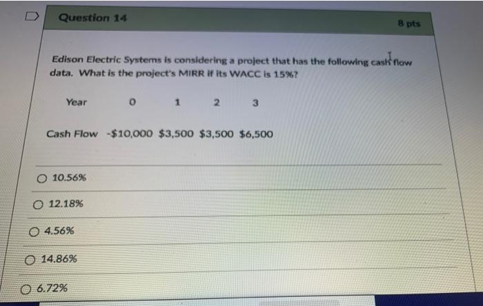  Question 14 8 pts Edison Electric Systems is considering a project