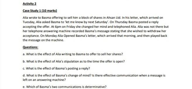  Activity 2 Case Study 1 (10 marks) Alia wrote to Basma