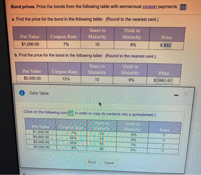  2. i dont understand will you please help Bond prices. Price