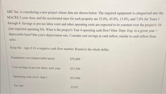  ABC Inc. is considering a new project whose data are shown