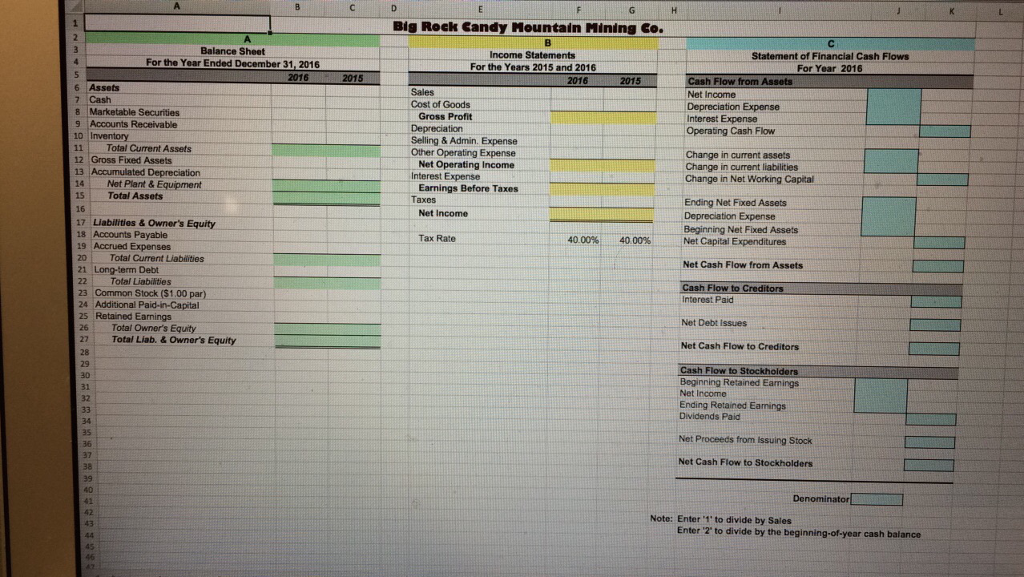 5. Create the following using formulas that reference the financial information in