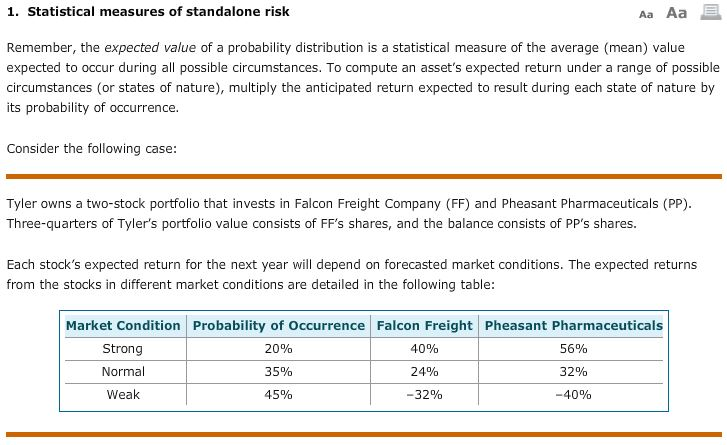  1. Statistical measures of standalone risk Aa Aa E Remember, the
