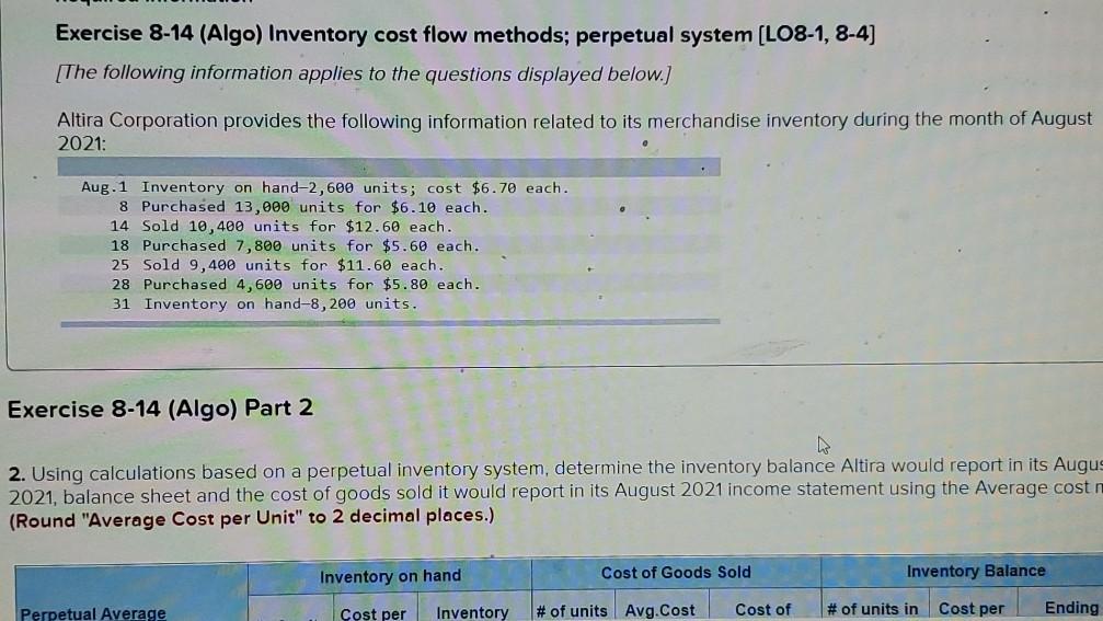 Exercise 8-14 (Algo) Inventory cost flow methods; perpetual system (LO8-1, 8-4)