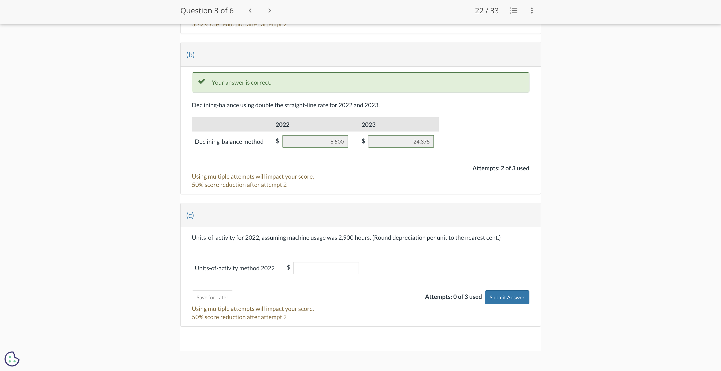 need part c pls Your answer is correct. Declining-balance using double the