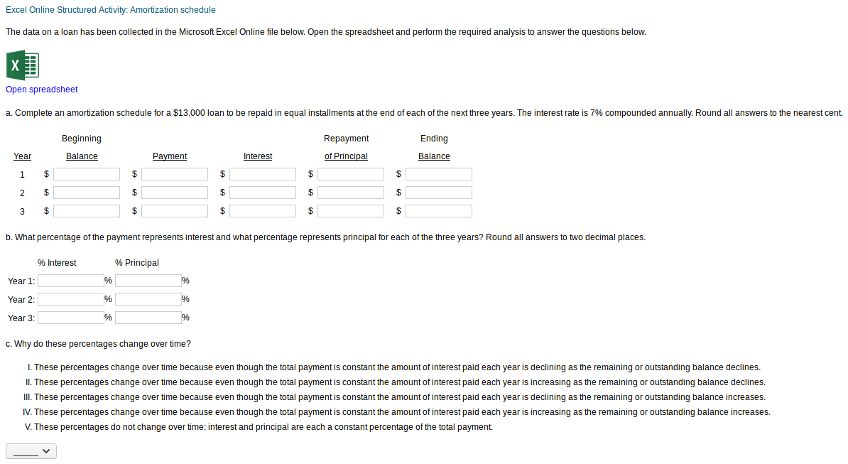  Excel Online Structured Activity: Amortization schedule The data on a loan