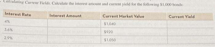  Calculating Current Yields. Calculate the interest amount and current yield for