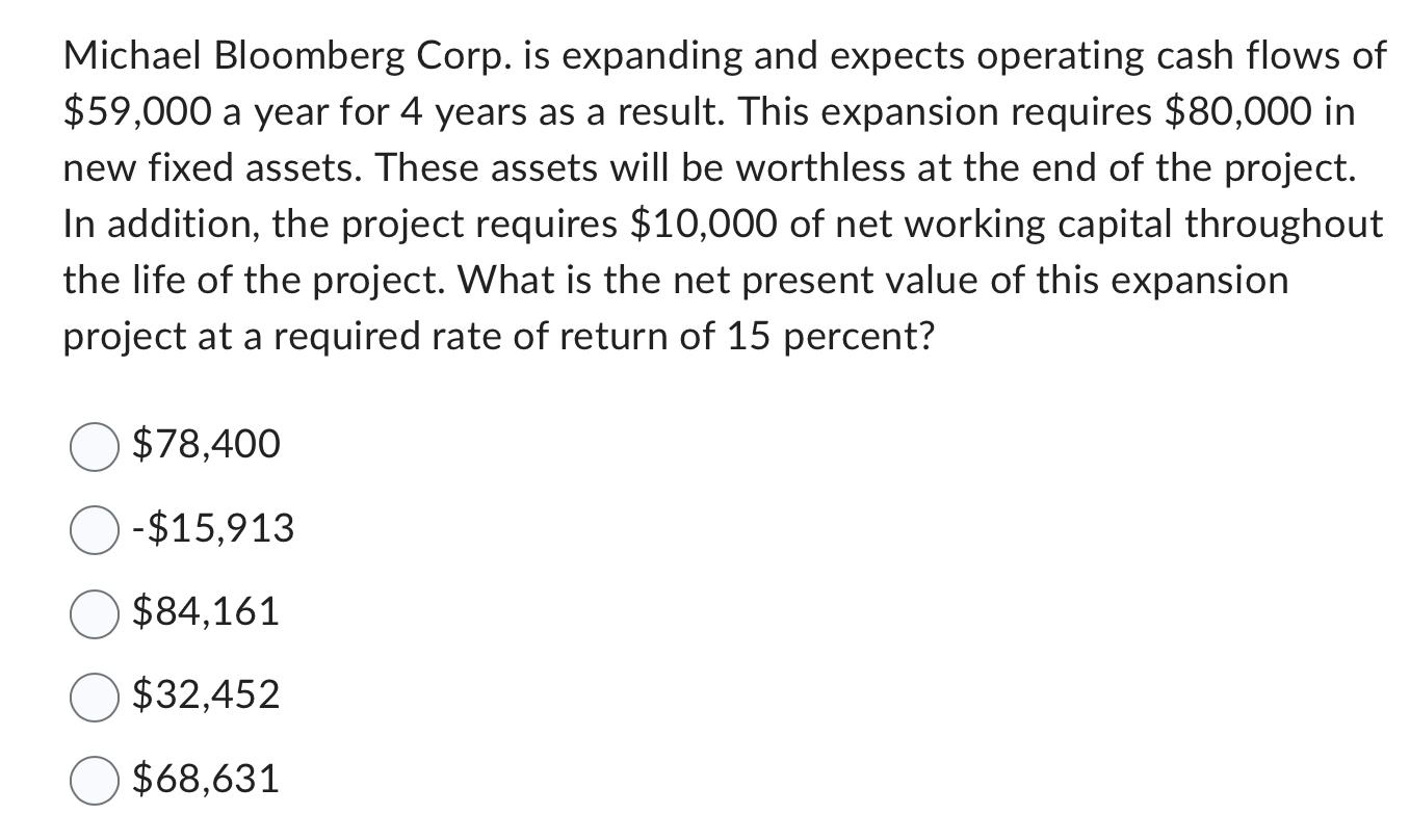 Michael Bloomberg Corp. is expanding and expects operating cash flows of