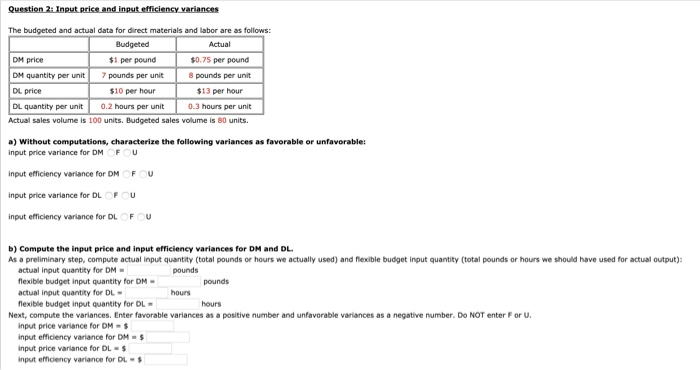  Question 2: Input price and input efficiency variances The budgeted and