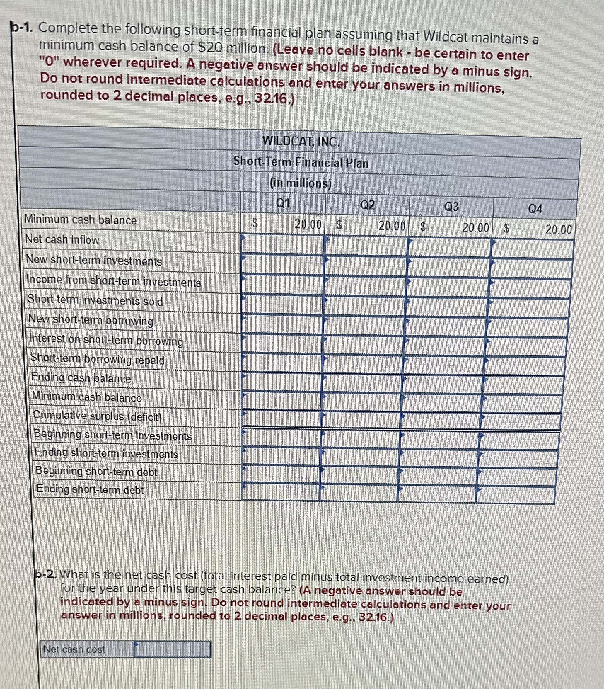  b-1. Complete the following short-term financial plan assuming that Wildcat maintains