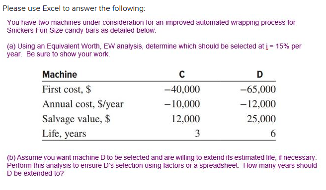 Please use Excel to answer the following: You have two machines