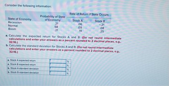  Consider the following information: a. Calculate the expected return for Stocks