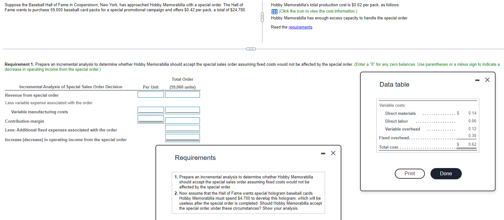  decrease in operating income from the special order.) Data table Requirements