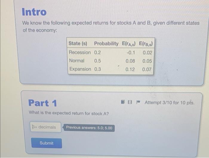  Intro We know the following expected returns for stocks A and