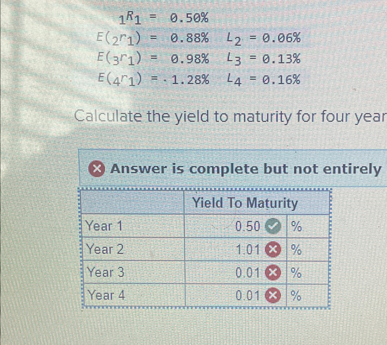  1R1=0.50% E(2r1)=0.88%,L2=0.06% E(3r1)=0.98%,L3=0.13% E(4rr1)=-1.28%,L4=0.16% Calculate the yield to maturity for four