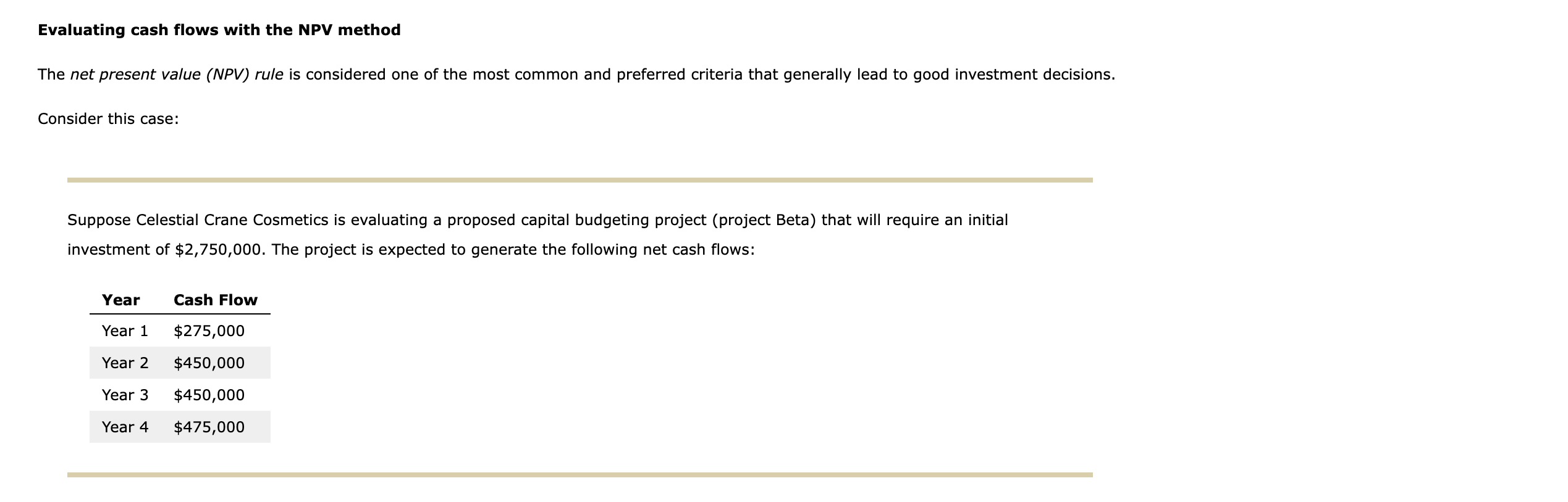  Evaluating cash flows with the NPV method The net present value