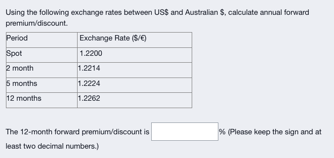  Using the following exchange rates between US$ and Australian $, calculate