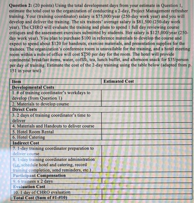 Please help Solve Question 2: ( 20 points) Using the total development