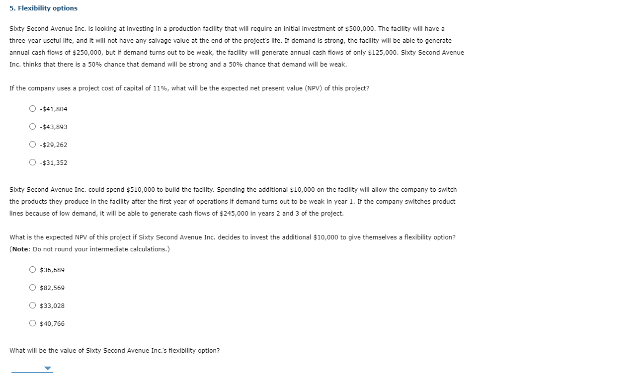  5. Flexibility options Sixty Second Avenue Inc. is looking at investing