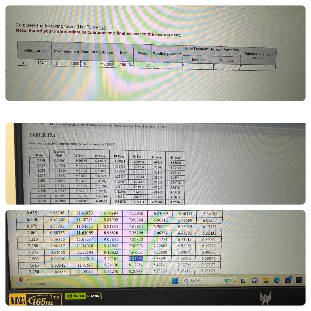  Complete the following table: (Use Table 15.1) Note: Round your intermediate