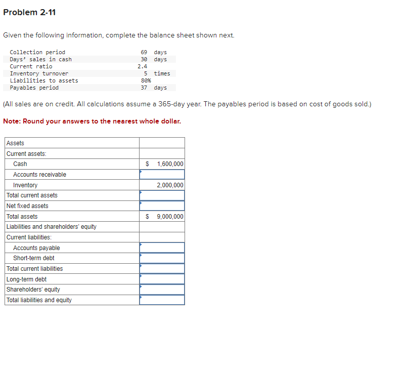  Given the following information, complete the balance sheet shown next. (All