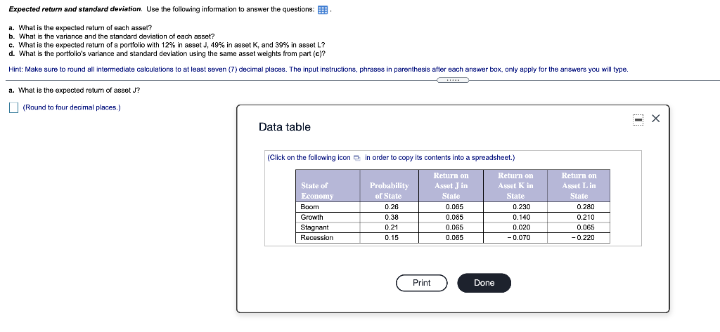 the questions: a. What is the expected return of each asset? b.