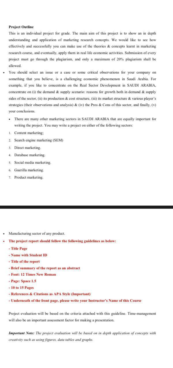  Project Outline This is an individual project for grade. The main