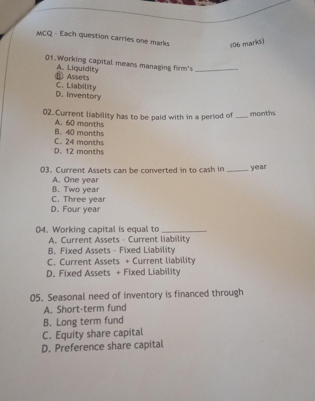  MCQ - Each question carries one marks (06 marks) 01. Working