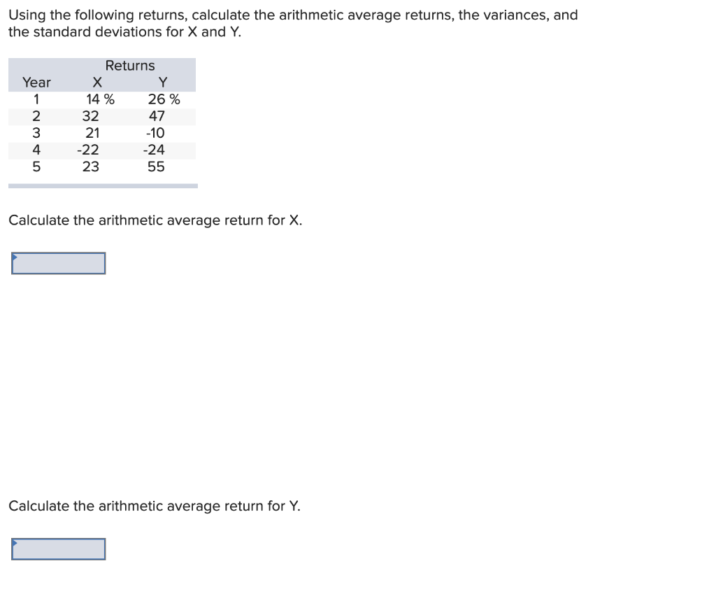 Using the following returns, calculate the arithmetic average returns, the variances, and