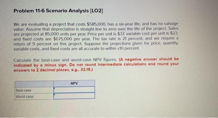  Problem 11-6 Scenario Analysis (LO2) We are evaluating a project that