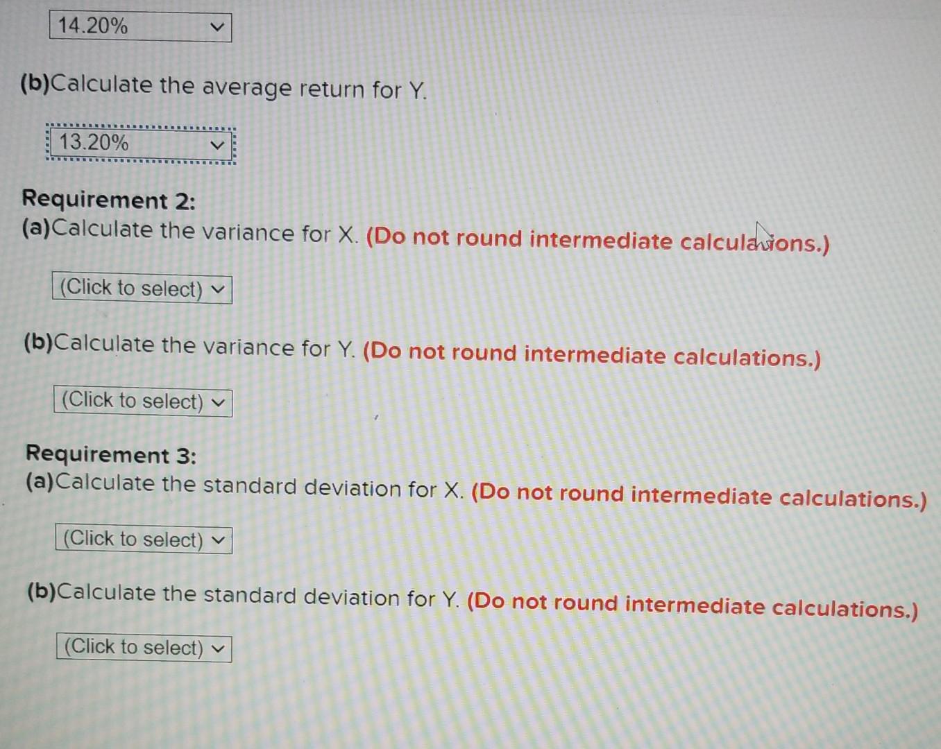 the average returns, the variances, and the standard deviations for X and
