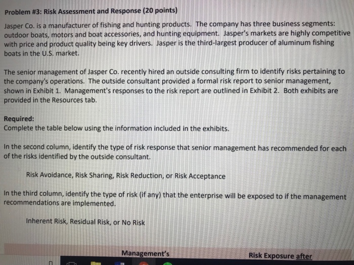  Thanks! Problem #3: Risk Assessment and Response (20 points) Jasper Co.