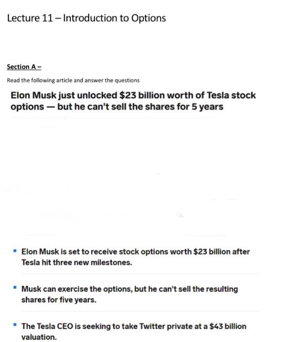  Lecture 11 - Introduction to Options Section A - Read the