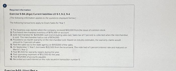  Required informotion Exercise 9.8A (Algo) Current liabilities LO 9.1, 9.2, 9.4