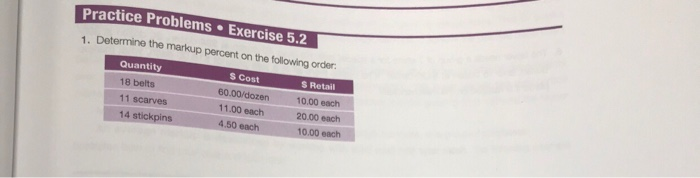  Practice Problems Exercise 5.2 1. Determine the markup percent on the