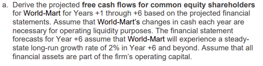 a. Derive the projected free cash flows for common equity shareholders