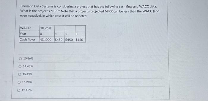  Ehrmann Data Systems is considering a project that has the following